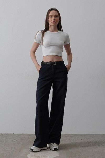 VAGGON Women's Dark Blue Double Pocket Belted Palazzo Trousers Vs00527