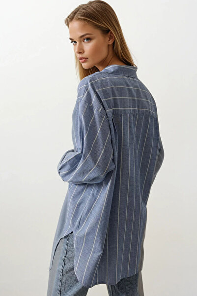 VAGGON Γυναικείο πουκάμισο με ρίγες με μπλε σχέδιο oversized Vs00563
