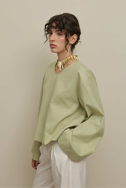 Fahhar Wide Sleeve Linen Top Light Green