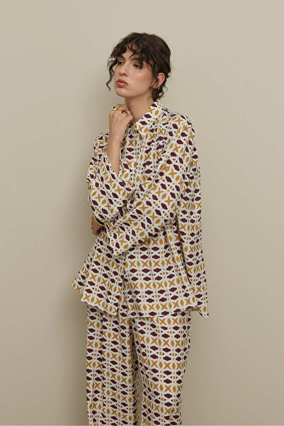 Fahhar Geometric Patterned Shirt Suit Ecru