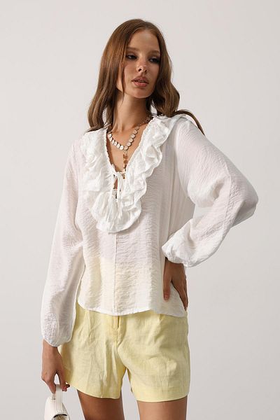 VAGGON Long Sleeve Blouse with Ruffle Collar