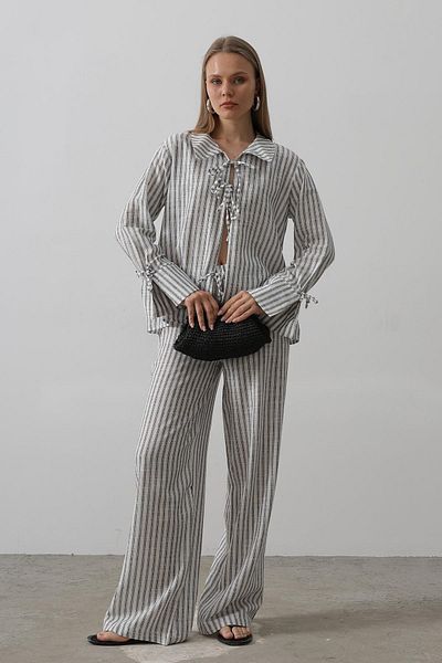VAGGON Women's Black Striped Tie Detailed Blouse and Pants Set Vs00578