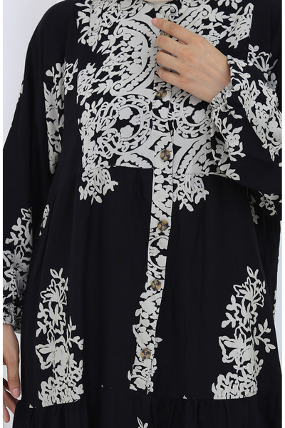 sefamerve Viskon Kumaş Yarım Düğmeli Elbise 2117-04 Siyah