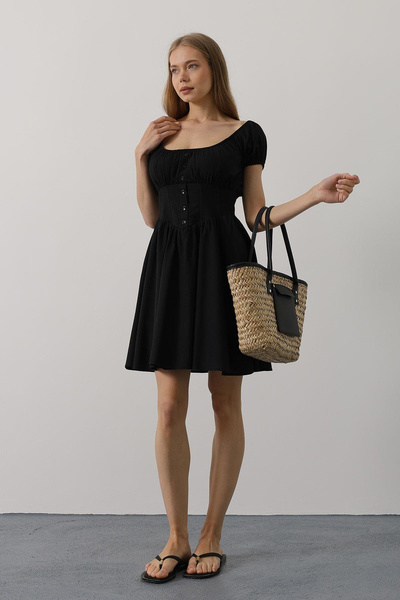 VAGGON Women's Black U-Neck Button Detailed Waist Corset Mini Dress Vs00549