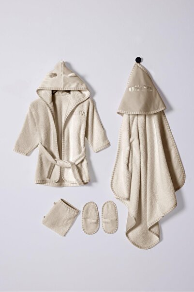 U.S. Polo Assn. %100 Pamuklu 4'lü Erkek Bebek Bej Bornoz Seti