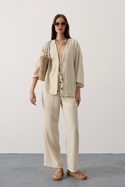 VAGGON Women's Stone Tie Detailed Blouse and Elastic Waist Trousers Linen Suit Vs00436