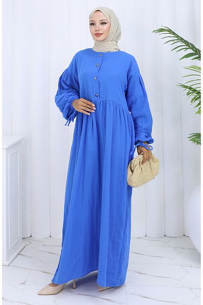 sefamerve Rochie cu maneci elastice Button 2111-03 Albastru