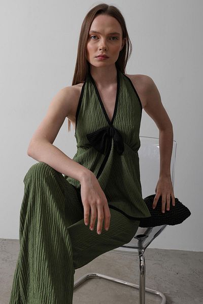 VAGGON Women's Khaki Halter Neck Bow Detailed Blouse and Pants Knitted Set Vs00525