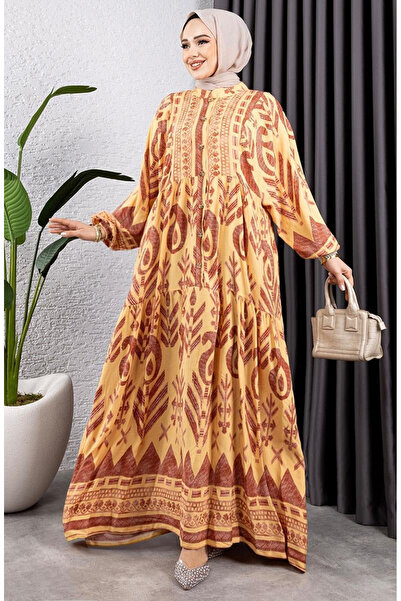 sefamerve Ethnic Pattern Viscose Dress 7105-03 Yellow