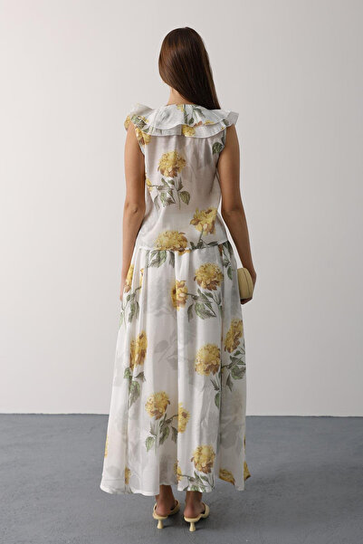 VAGGON Women's Yellow Floral Patterned Long Skirt Vs00645