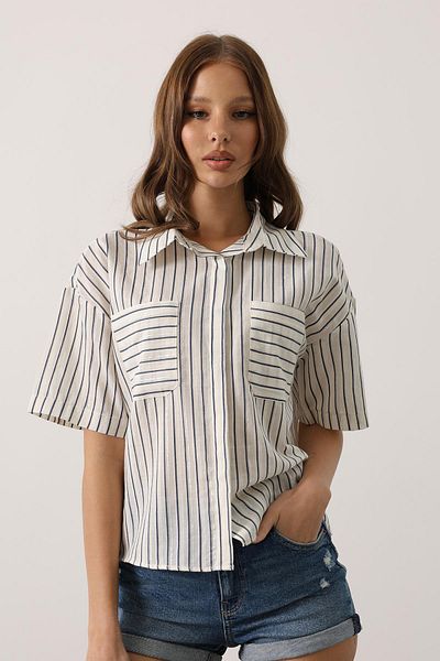 VAGGON Women's Dark Blue Glitter Striped Short Sleeve Shirt Vs00598