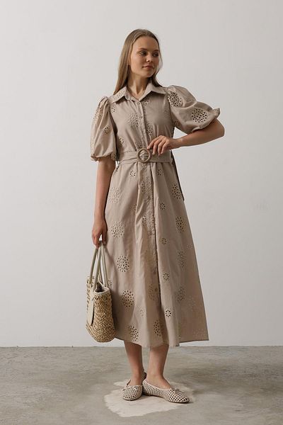 VAGGON Balloon Sleeve Belted Brode Dress
