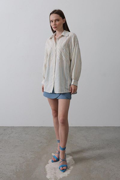 VAGGON Women's Blue-Beige Striped Double Pocket Oversize Shirt Vs00501