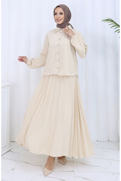 sefamerve Fusta tunică cu nasturi cu pietre Set dublu 2115-06 Mink