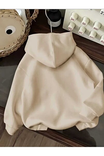 caddekombin The Weekend Albümleri Baskılı Kapüşonlu Cepli İçi Yünlü Bej Sweatshirt