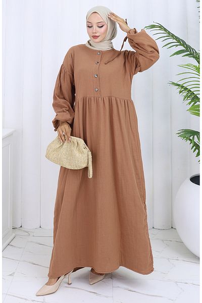 sefamerve Rochie cu mâneci elastice Button 2111-04 Cafea cu lapte