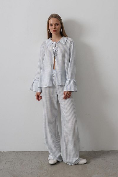 VAGGON Women's Blue Striped Tie Detailed Blouse and Pants Set Vs00578