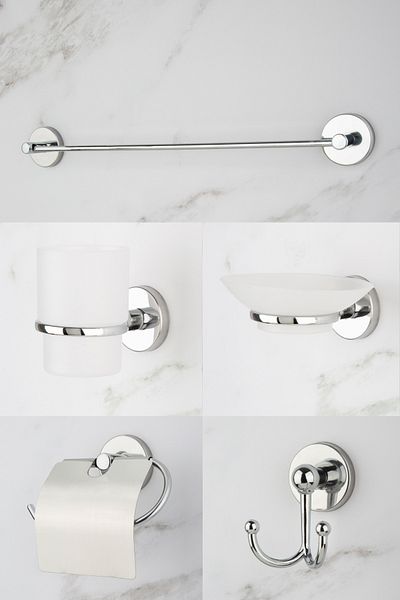 UG Home Chrome Long Towel Holder Wide Cover Toilet Paper Holder Fork Robe Hanger Toothbrush Holder Soap Dish Set of 5
