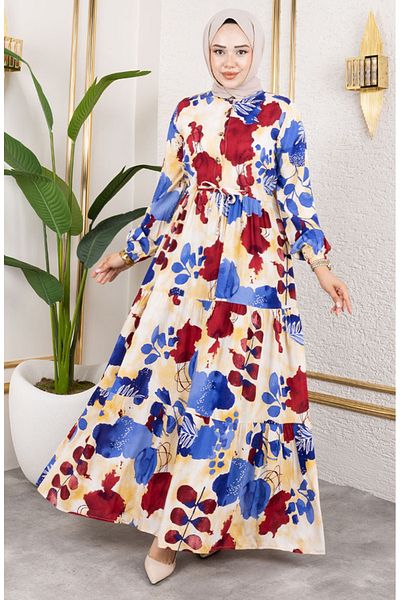 sefamerve Rochie din țesătură de viscoză cu șireturi în talie 7124-04 Indigo