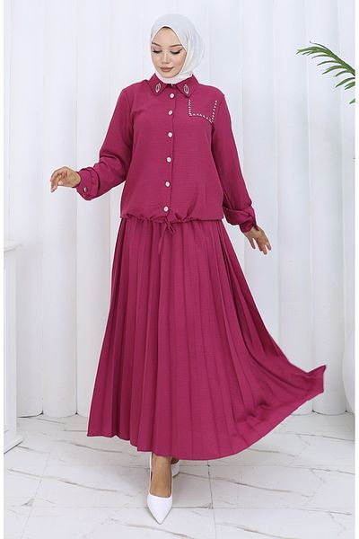 sefamerve Stoned Button Shirt Skirt Double Suit 2113-04 Fuchsia