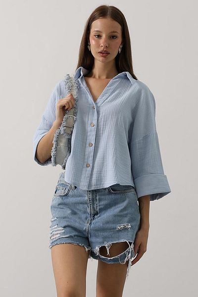 VAGGON Women's Baby Blue Sleeves Double Muslin Shirt Vs00599