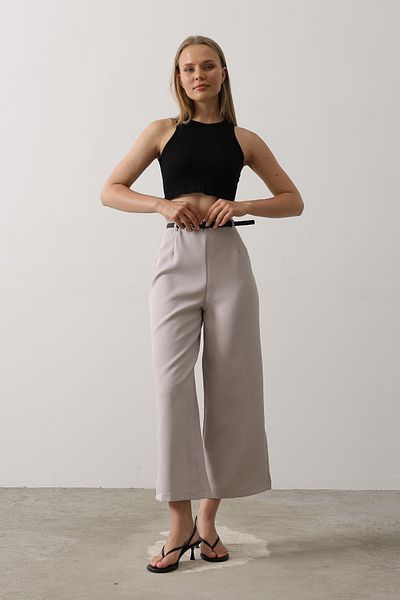 VAGGON Women's Gray Belted Pants with Clip Detail Zipper Vs00533