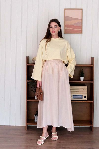 Ceylan Otantik Butter Yellow Crop Body & Cream Muslin Piping Skirt Set