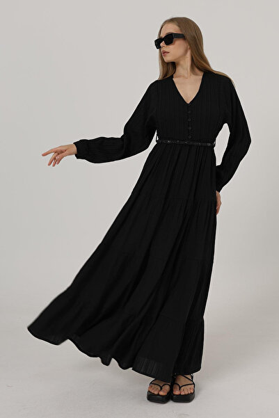 VAGGON Γυναικείο μαύρο μακρυμάνικο φόρεμα με ζώνη με μισό κουμπί μπροστά Vs00521