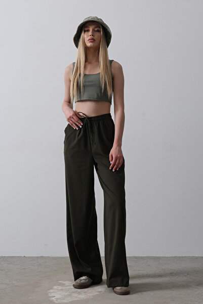 VAGGON Women's Dark Khaki Double Pocket Elastic Waist Wide Leg Pants Vs00529