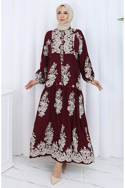sefamerve Rochie din țesătură viscoză cu jumătate de nasturi 2117-03 Roșu Claret