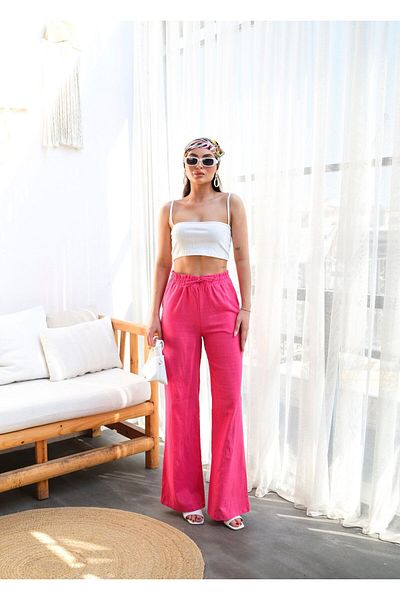 Bianis Women's Elastic Waist and Lace-Up Wide-Leg Linen Trousers