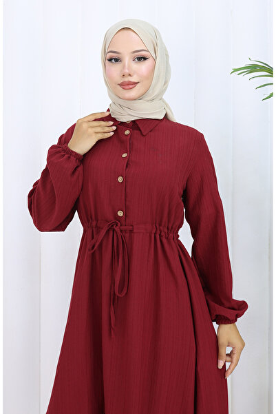 sefamerve Beli Bağcıklı Düğmeli Elbise 0127-03 Bordo