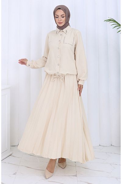 sefamerve Stoned Buttoned Shirt Skirt Double Suit 2113-06 Mink