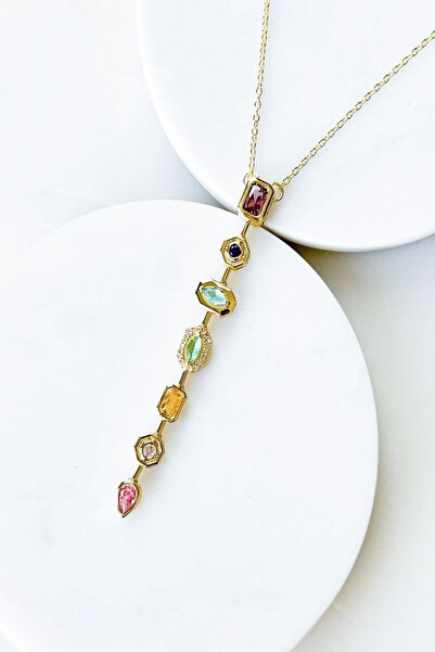 Pretty 7 Elementli Renkli Taşlı Çelik Y Kolye