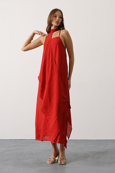 VAGGON Women's Red Asymmetrical Tie-Up Long Bohemian Dress Vs00631