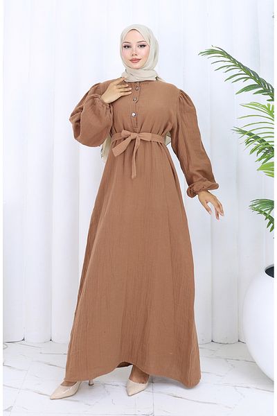 sefamerve Belted Dress with Elastic Sleeves 2112-01 Brown