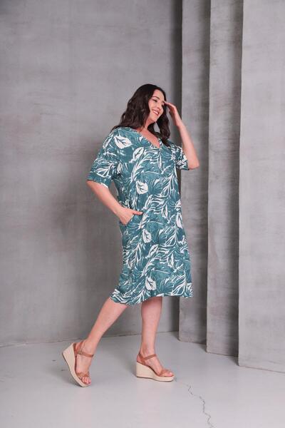 Ebsumu Women's Plus Size Self Patterned Woven Green Dress