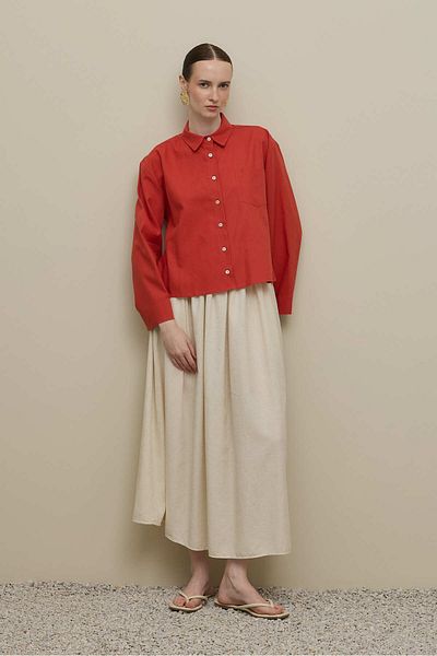 Fahhar Kimono Sleeve Short Linen Shirt Red