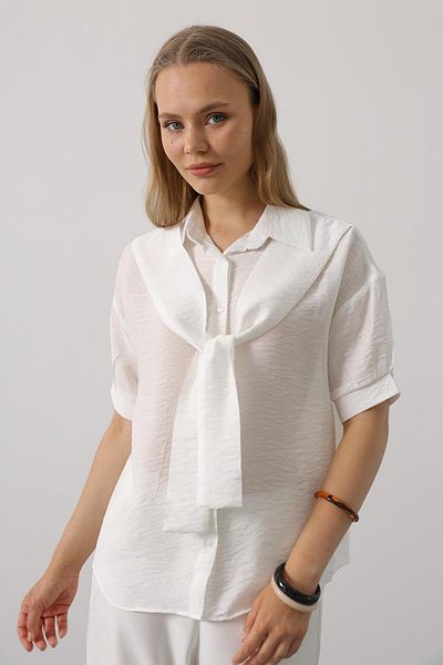 VAGGON Women's White Scarf Detailed Half Sleeve Shirt Vs00571