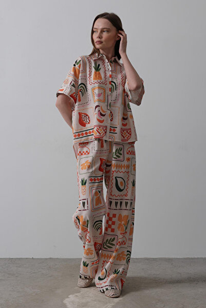 VAGGON Women's Stone Printed Short Sleeve Shirt and Pants Set Vs00584