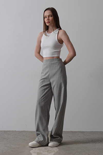 VAGGON Kadın GRİ-BEYAZ Beli Yarım Lastikli Çizgili Palazzo Pantolon VS00537