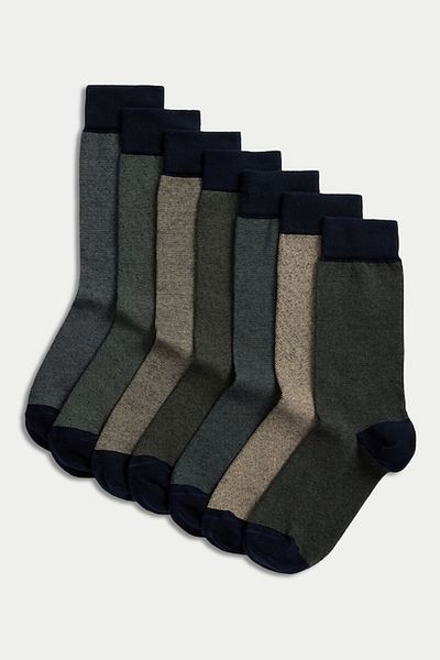 Marks & Spencer , Set de șosete lungi Cool & Fresh™ - 7 perechi, Verde închis, Albastru ultramarin, Bej, S