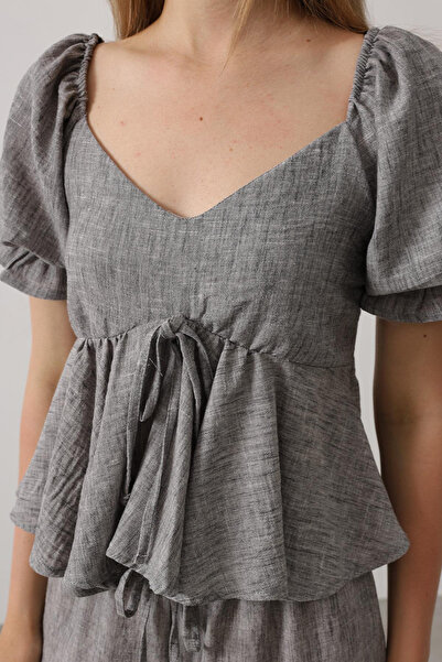 VAGGON Women's Black Bow Half Balloon Sleeve Skirt Ruffled Blouse and Pants Set Vs00570