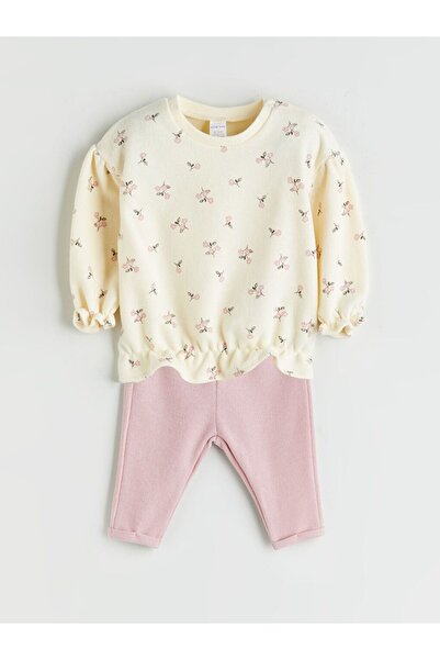 LC Waikiki LCW baby Bisiklet Yaka Çiçekli Kız Bebek Sweatshirt ve Tayt 2'li