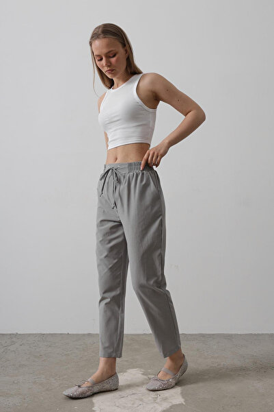 VAGGON Kadın GRİ Çift Cepli Beli Lastikli Bağlama Detaylı Pantolon VS00530