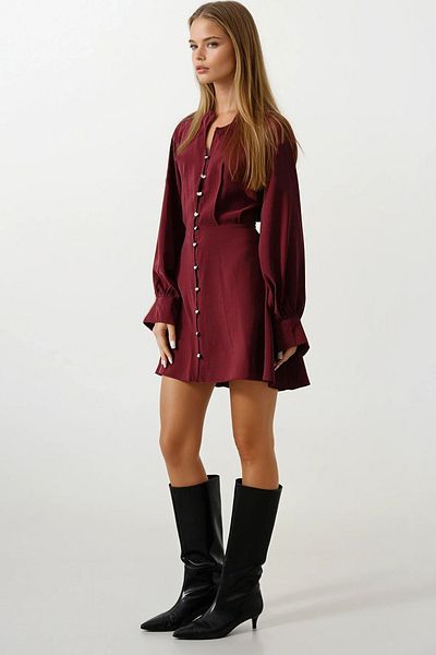 VAGGON Women's Burgundy Button Detailed Balloon Sleeve Mini Dress Vs00468