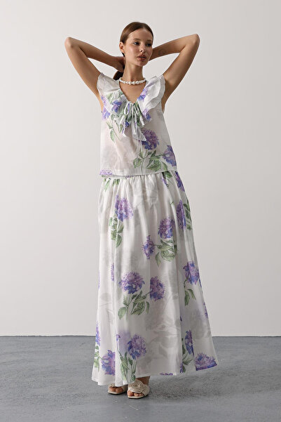 VAGGON Women's Lilac Floral Patterned Long Skirt Vs00645