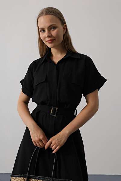 VAGGON Women's Black Belted Half Sleeve Dress with Pocket Detail Vs00581