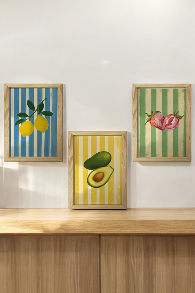 AND Ahşap Çerçeveli Yaz Meyveleri Temalı Tablo Üçlü MDF Poster Tablo Duvar De...