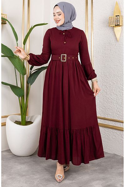 sefamerve Rochie Hijab cu detaliu curea 0220-03 Cireș